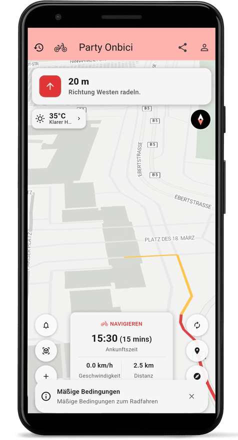 App-Bildschirm mit Abbiegehinweis-Navigation