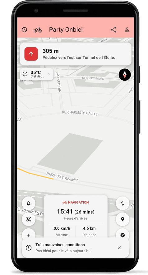 Écran de navigation virage par virage de l'application