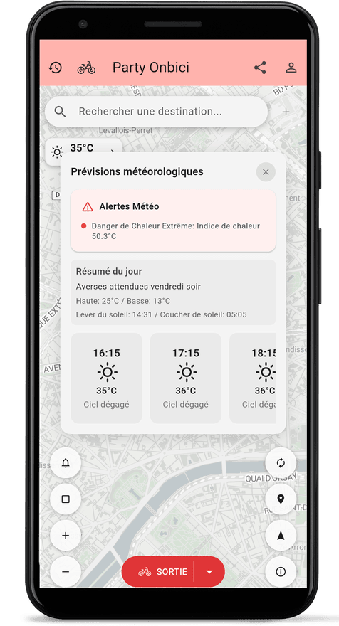 Écran de l'application affichant les prévisions météo pour l'itinéraire
