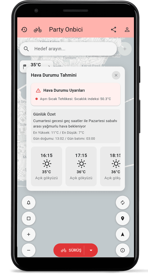 Rota için hava durumu tahminini gösteren uygulama ekranı