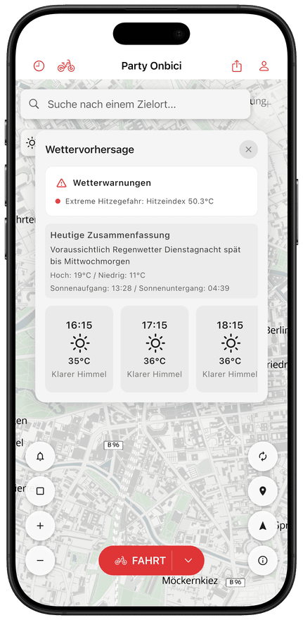 App-Bildschirm mit der Wettervorhersage für die Route