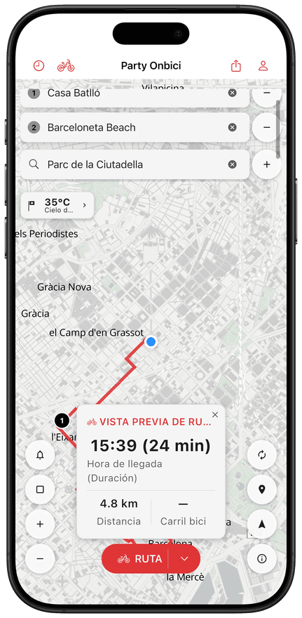Pantalla de navegación giro a giro de la app