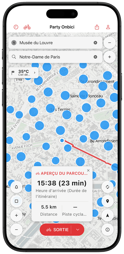 Écran de navigation virage par virage de l'application