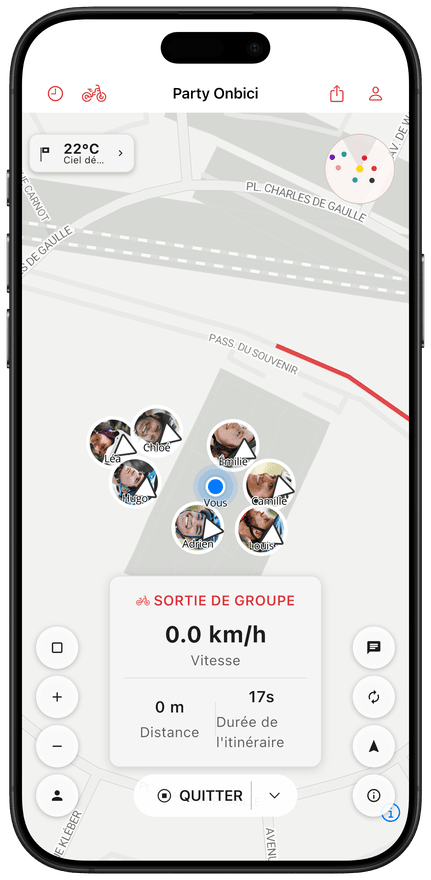 Positions des cyclistes en direct sur la carte du groupe