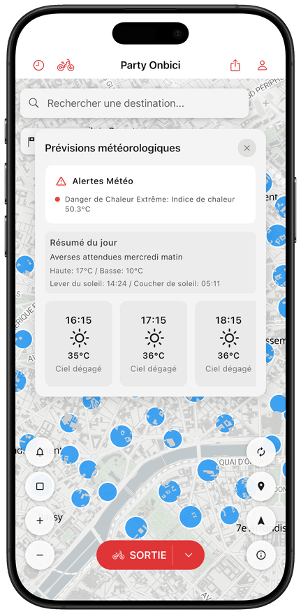 Écran de l'application affichant les prévisions météo pour l'itinéraire