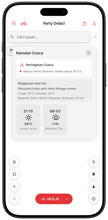Layar aplikasi dengan prakiraan cuaca untuk rute