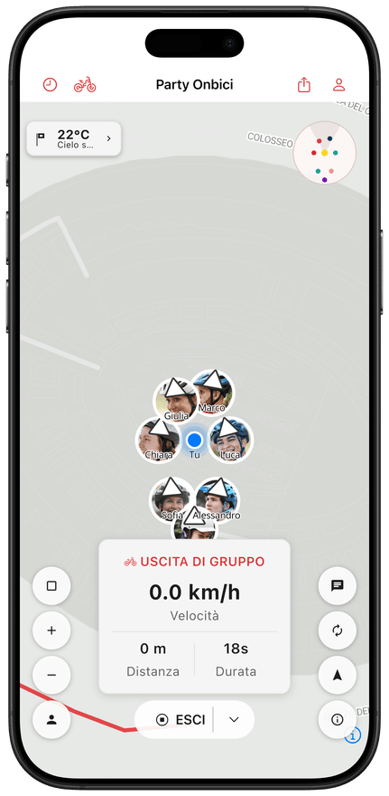 Posizioni dei ciclisti in tempo reale sulla mappa del gruppo