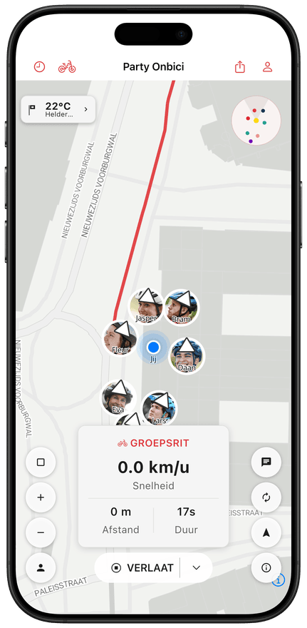 Live locaties van fietsers op de groepskaart