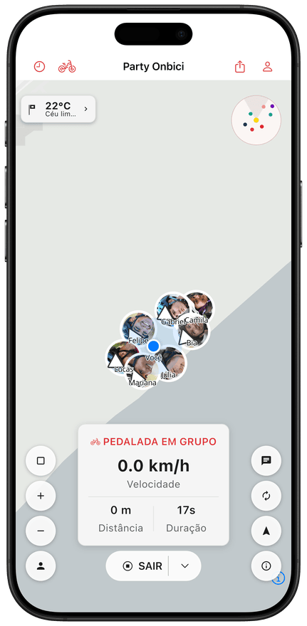 Localizações dos ciclistas ao vivo no mapa do grupo