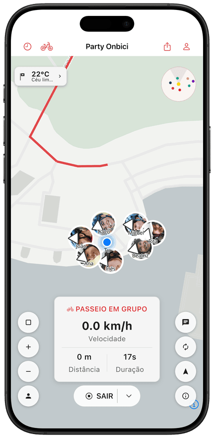Localizações dos ciclistas em direto no mapa do grupo