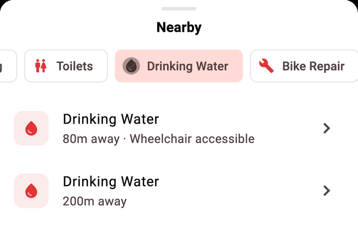List of nearby stops: drinking water, public toilets and bike parking