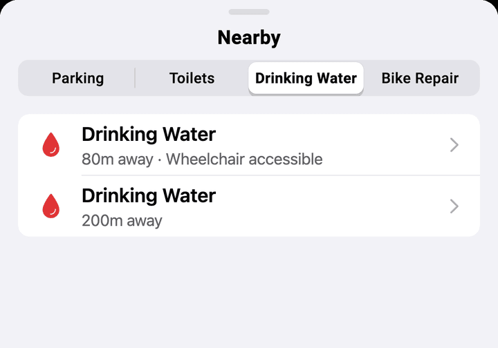 List of nearby stops: drinking water, public toilets and bike parking