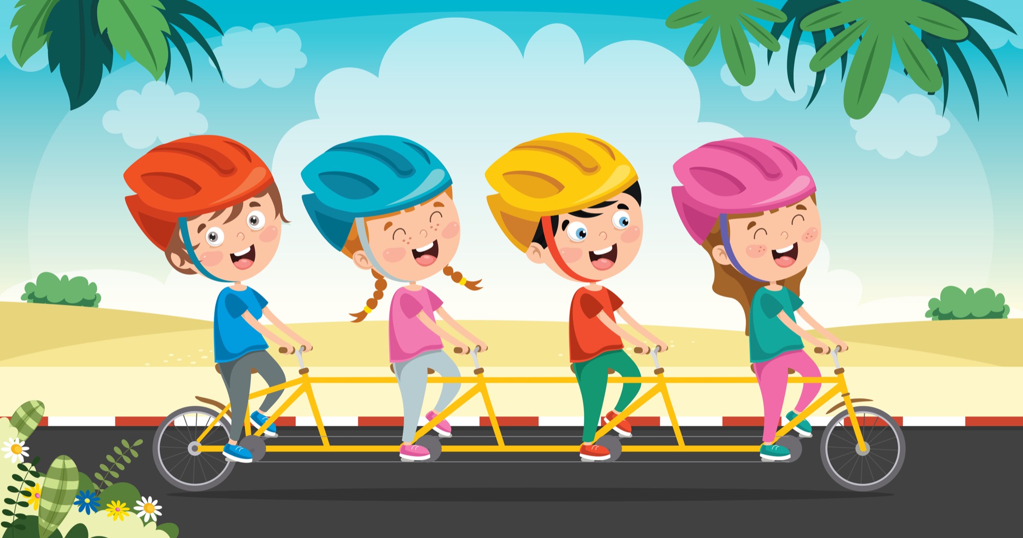 Four children wearing helmets riding a bike bus together
